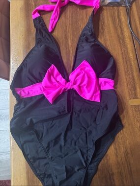 Girls Black One-Piece Swimsuit with Hot Pink Bow